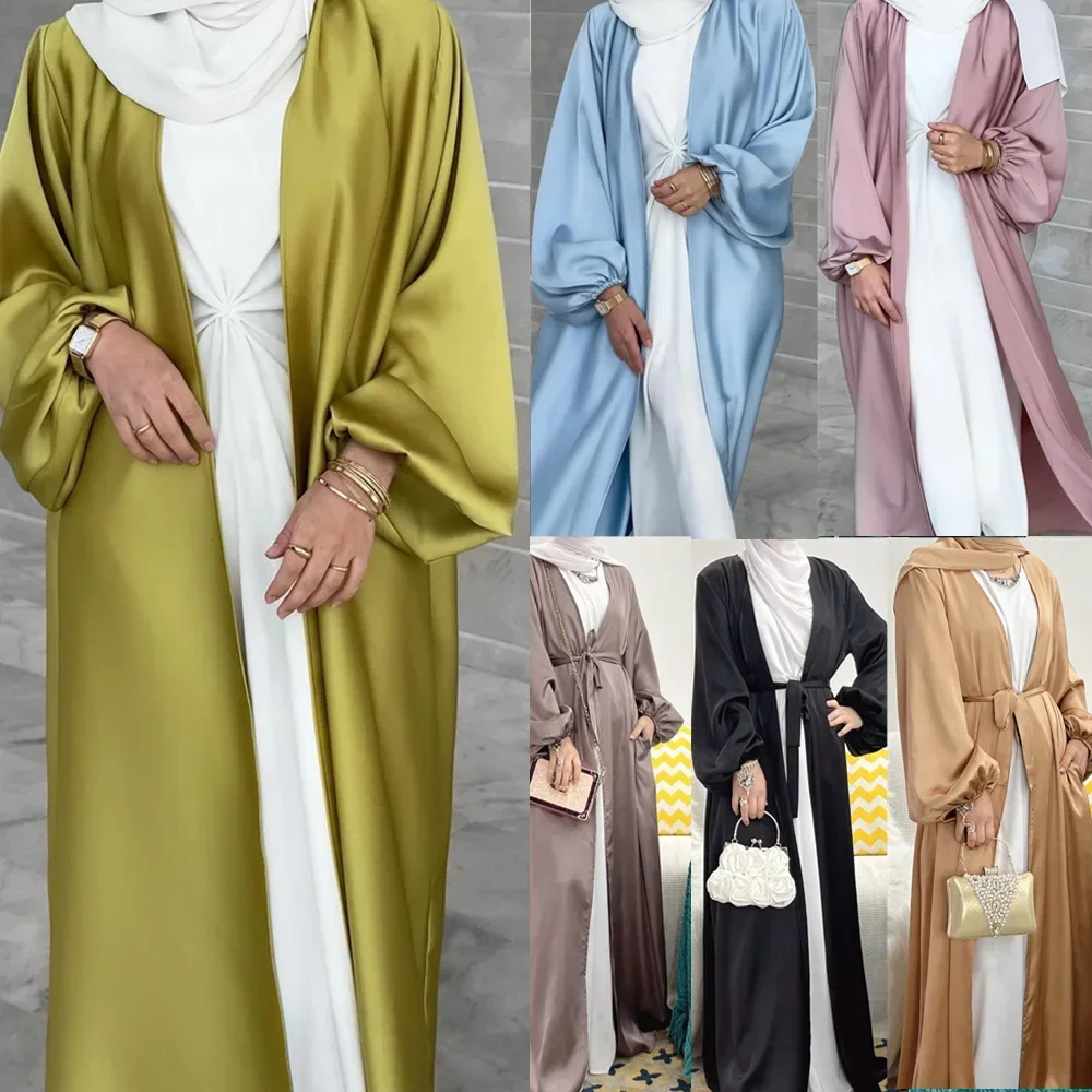 Eid เปิด Abayas สําหรับผู้หญิงมุสลิมชุดซาติน Khimar Hijab ชุด Kaftan Ramadan Mubarak Abaya Jilbab ดูไบ Robe เสื้อผ้าอิสลาม