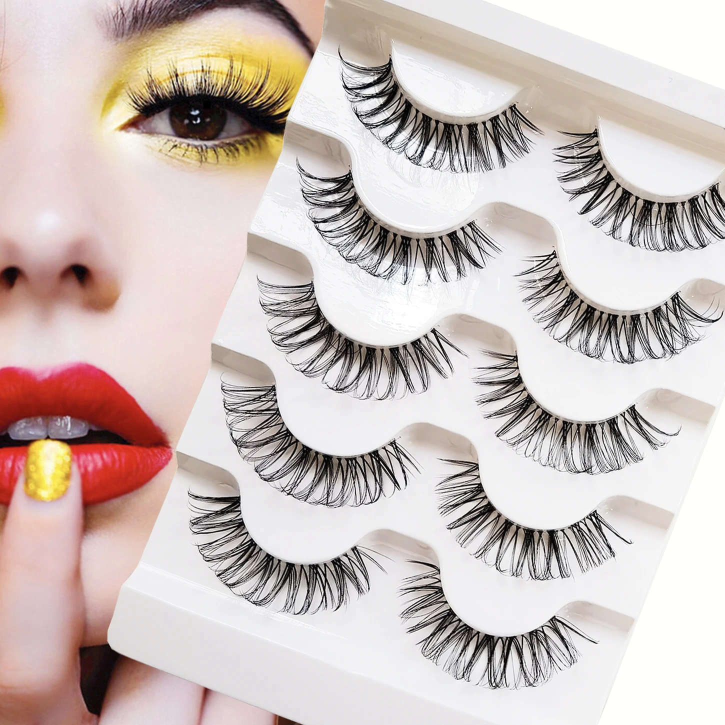 Transparent fluffy curly DH striped eyelashes - 5 pairs, a cross-dense eyelash design that enhances the eyes' expressiveness