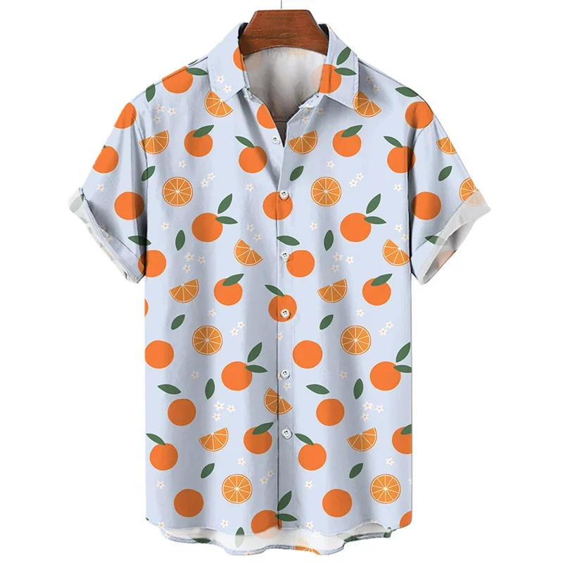 Camisa de frutas laranja limão masculina, lapela de verão, manga curta, roupa casual masculina, camisas de botão, blusa havaiana, moda estampa 3D