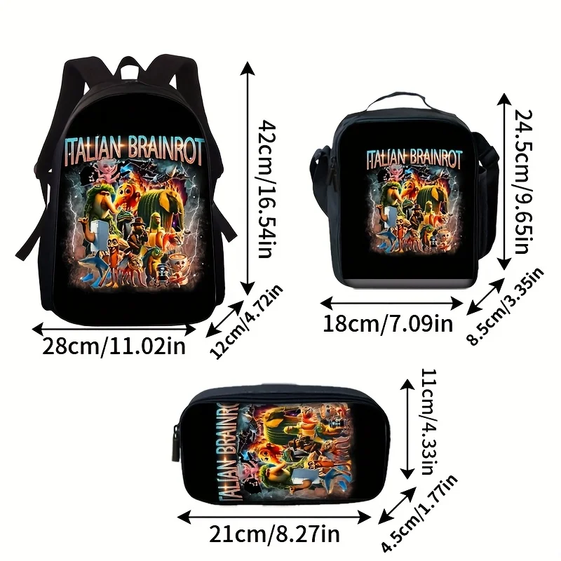 3pcs Italian Brainrot Print Backpack Set - Lightweight Travel Bag, Multi-Functional Organizer & Storage Pouch | Adjustable Strap