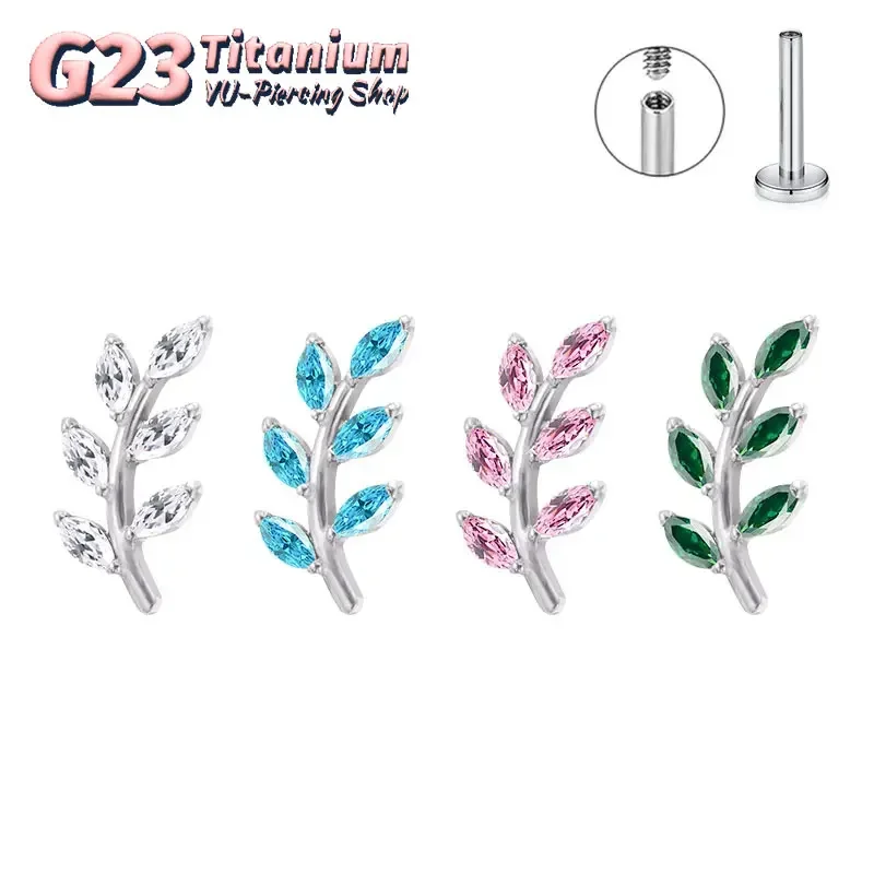 1Pc G23 Titanium Cartilage Earrings Lip Labret Stud Leaf Zircon Helix flower Cz Ear Tragus Piercing with Inner Threaded Jewelry
