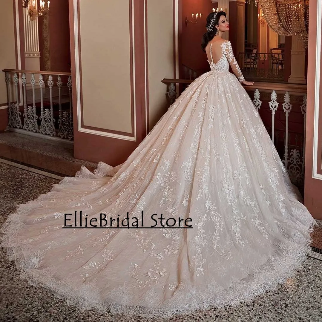 Abiti da sposa in pizzo di lusso per le spose Corsetto applique Abiti da sposa Pincess Maniche lunghe Dubai abiti da sposa Personalizzato