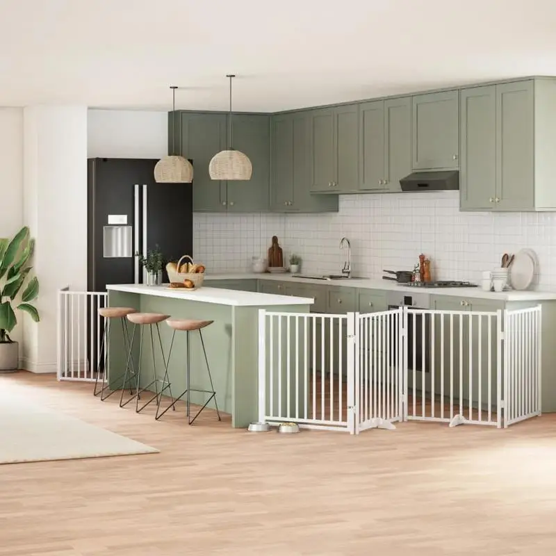 8 pièces. Barrière pour chien avec porte pliable blanche 640 cm en bois de peuplier, clôture de sécurité pour chiot, séparation d'espace intérieur, escalier, couloir, salon, protection
