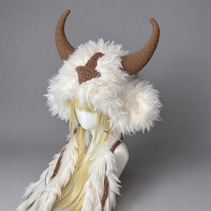 Handmade Brown White Viking Cow Horn Man's Hood Hat Custom Crochet Long Tassel Knit Beanie Women Unisex Winter Warm Cosplay Cap
