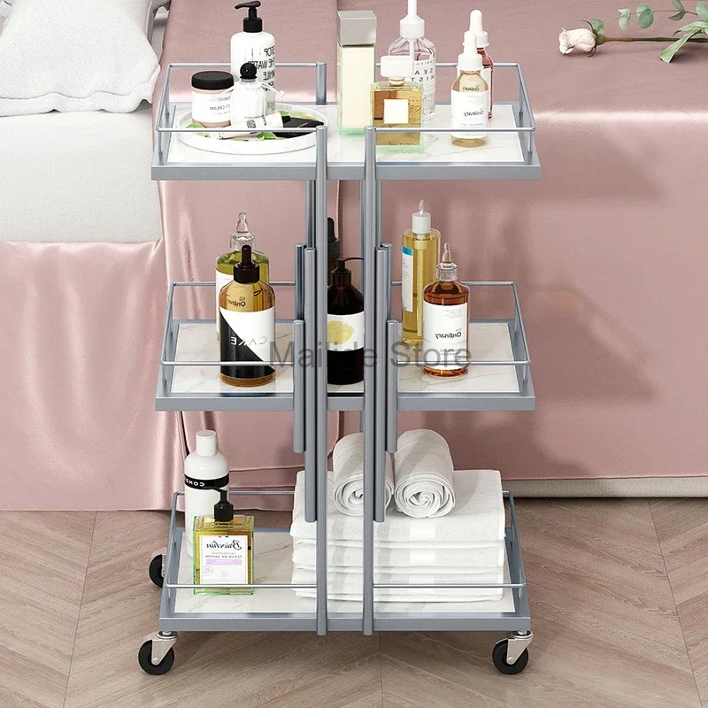 Light Luxury Iron Art Salon Trolleys Manicure Mobile Tool Trolley Modern Salon Furniture Simple Home Multi-layer Storage Rack