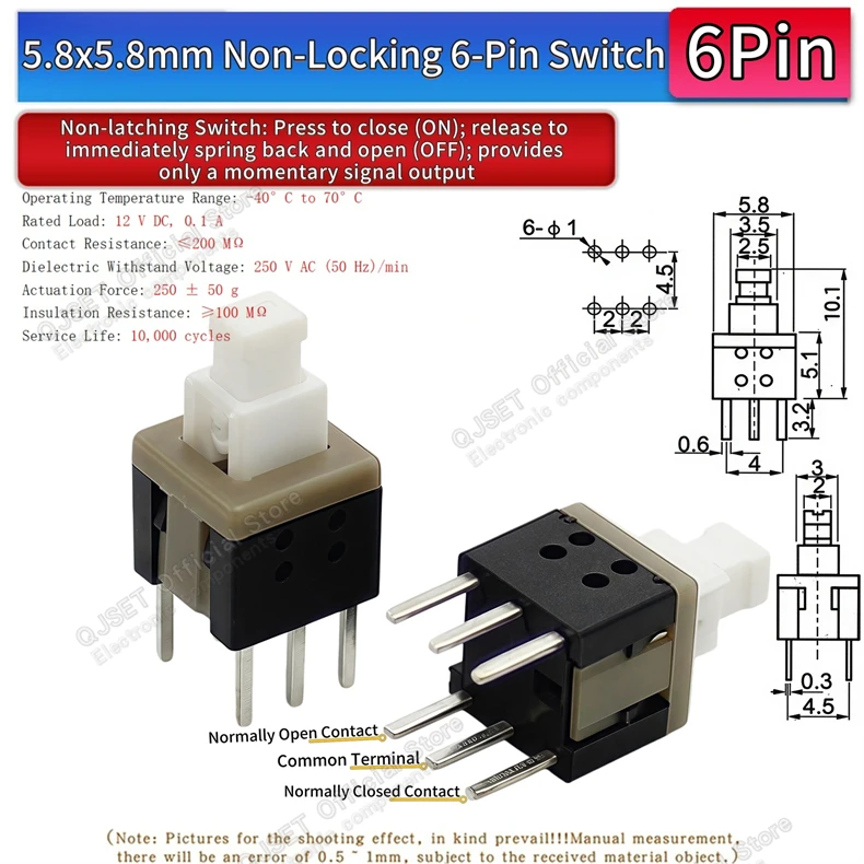 10 Stück 5,8x5,8 7x7 8x8 8,5x8,5mm Selbstverriegelnde/Nicht-verriegelnde Reset-/Multimeter-Taster, Taktiler Mikroschalter, 3/6-Pin Drucktastenschalter – Detail 16