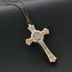 Naturholz Saint Benedict Kruzifix Kreuz Anhänger Halskette verstellbare Leders eil ketten cspb inri Schmuck