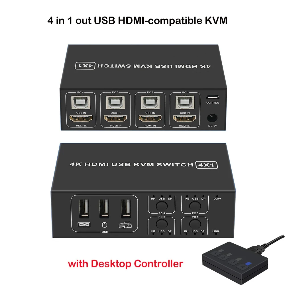 4K 60hz HDMI-Compatible KVM Switch 4 in 1 Out 4x1 Switcher for 4 PC Host Share Monitor Mouse Keyboard Printer Desktop Controller