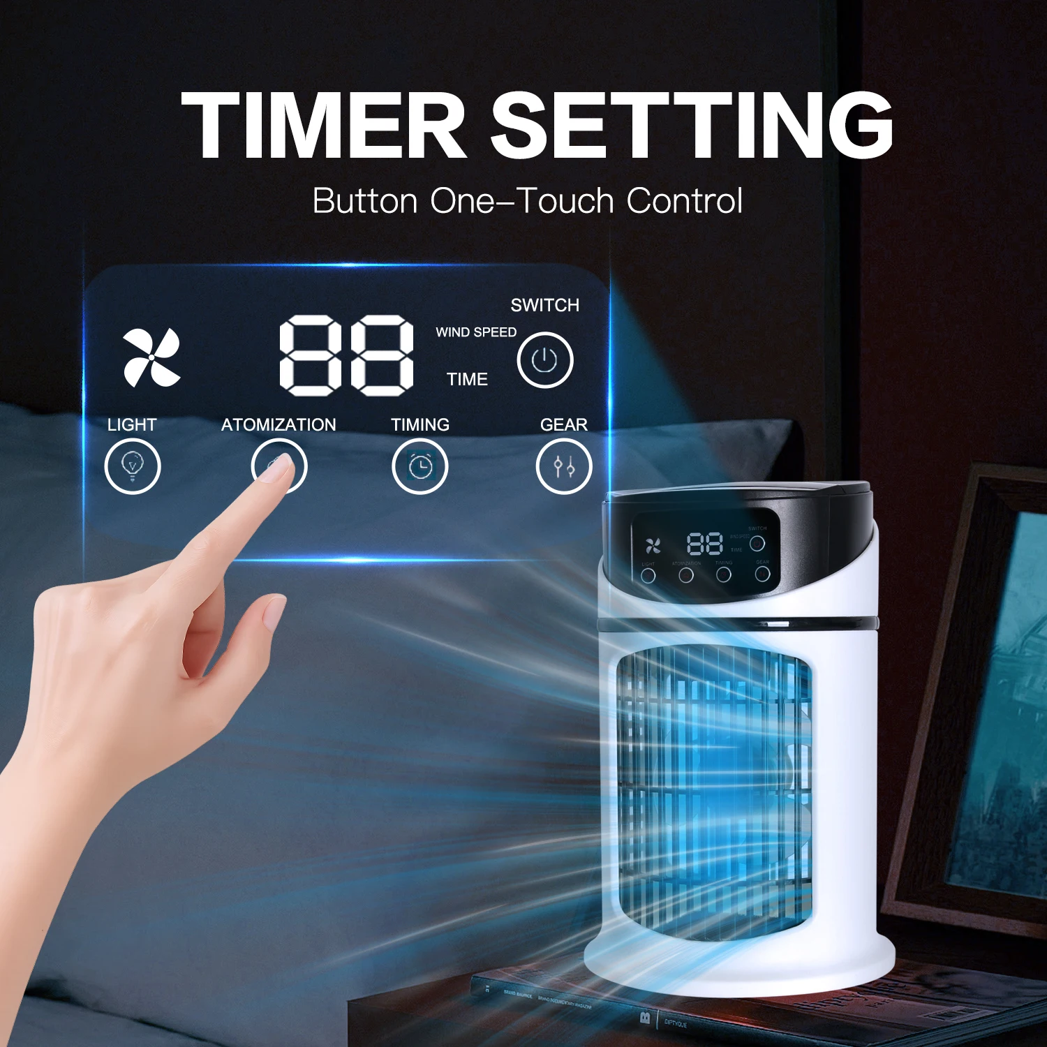 محمول 2 في 1، مرطب ومروحة، تبريد سريع، USB، شاشة رقمية، كريستال ثلجي، أبيض، للمنزل والمكتب