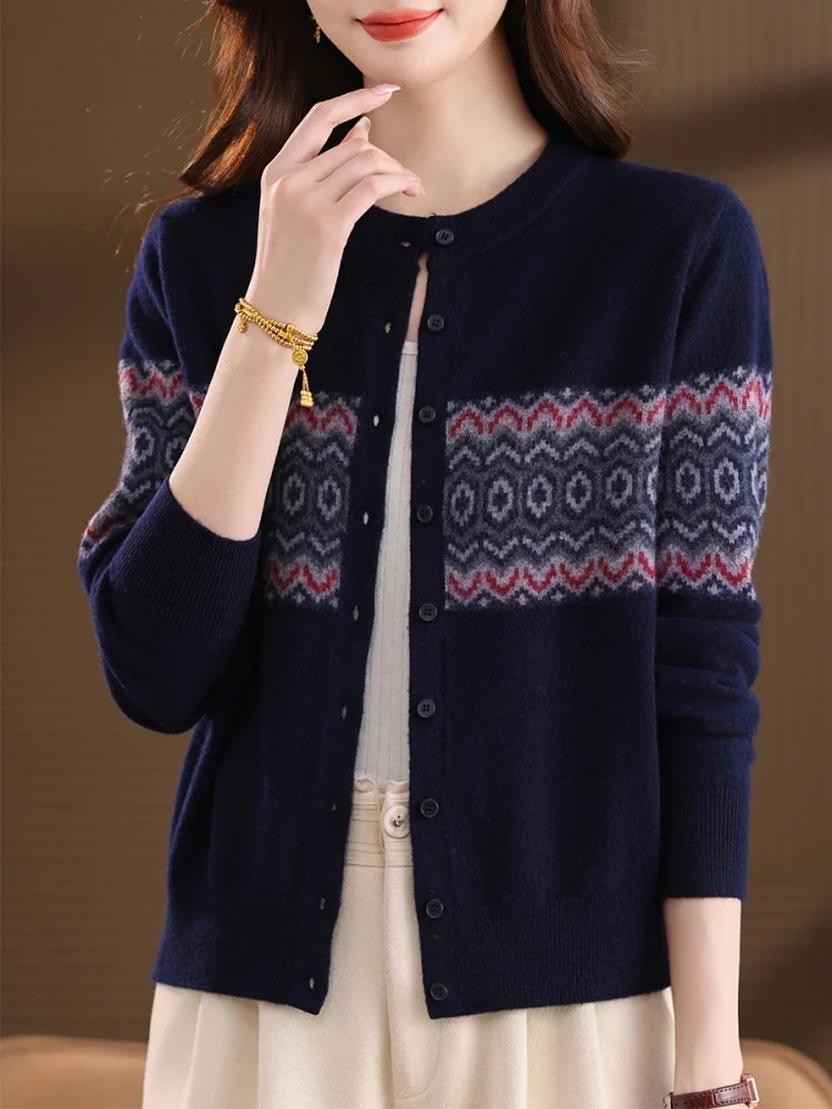 Birdtree, vest van 100% schapenwol, dames gebreide jacquard trui met O-hals, enkele rij knopen, herfstwinterjas van 2025, grijs, roodT5N402JF