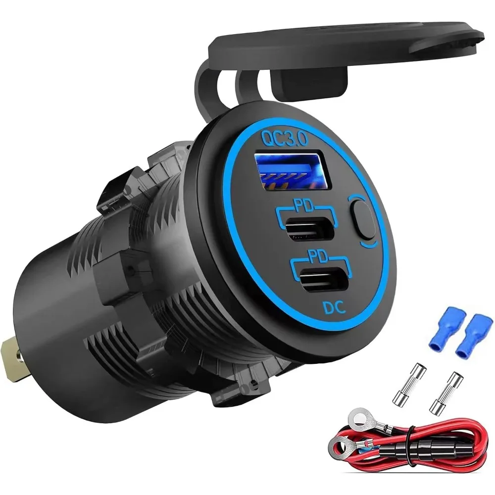 شاحن USB سلكي بمنفذ USB 12 فولت متعدد المنافذ، مزدوج PD3.0 USB-C ومقبس منفذ السيارة Quick Charge3.0 مع مفتاح الطاقة، شحن سريع #1