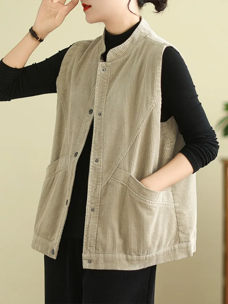 Retro Workwear Corduroy Vest Jacket Women's Autumn Winter Fashion Stand Collar Sleeveless Shoulder Pad Velvet Backless Vest