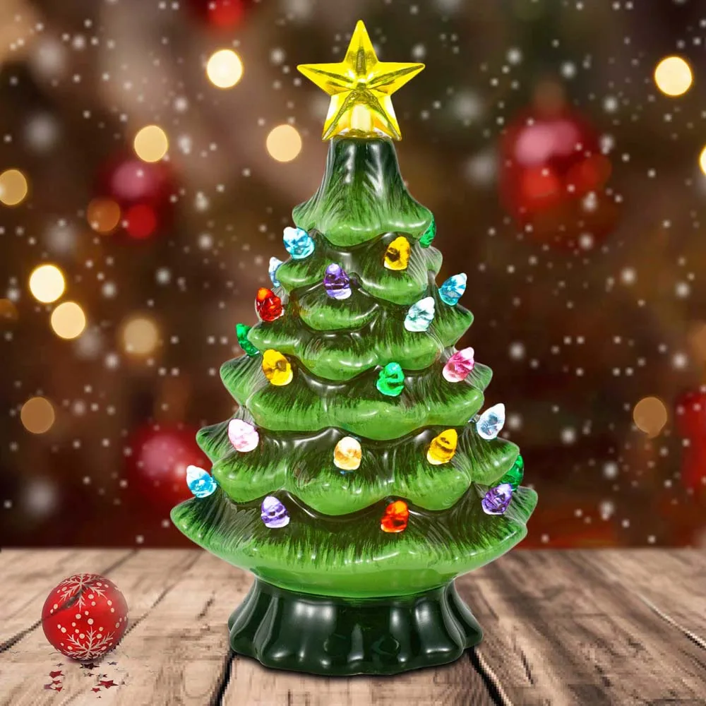 Ceramic Christmas Village Decoration Tree with Tree Topper Star Multicolored Lights for Village Display Indoor Collectible Decor