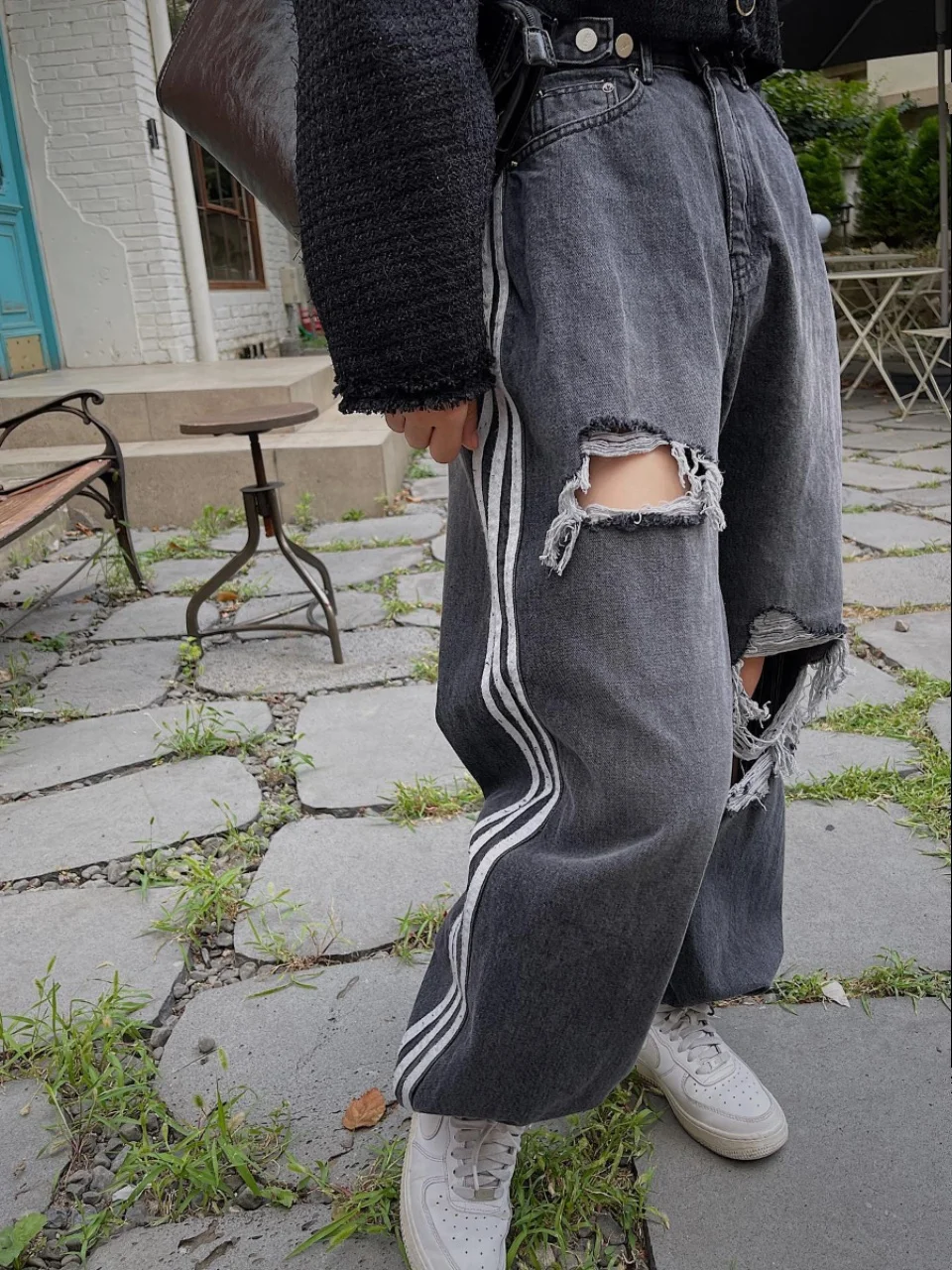 

Женские джинсы с завышенной талией в стиле ретро, свободные прямые брюки с дизайном футболки, длинные брюки с потертым подолом на все сезоны