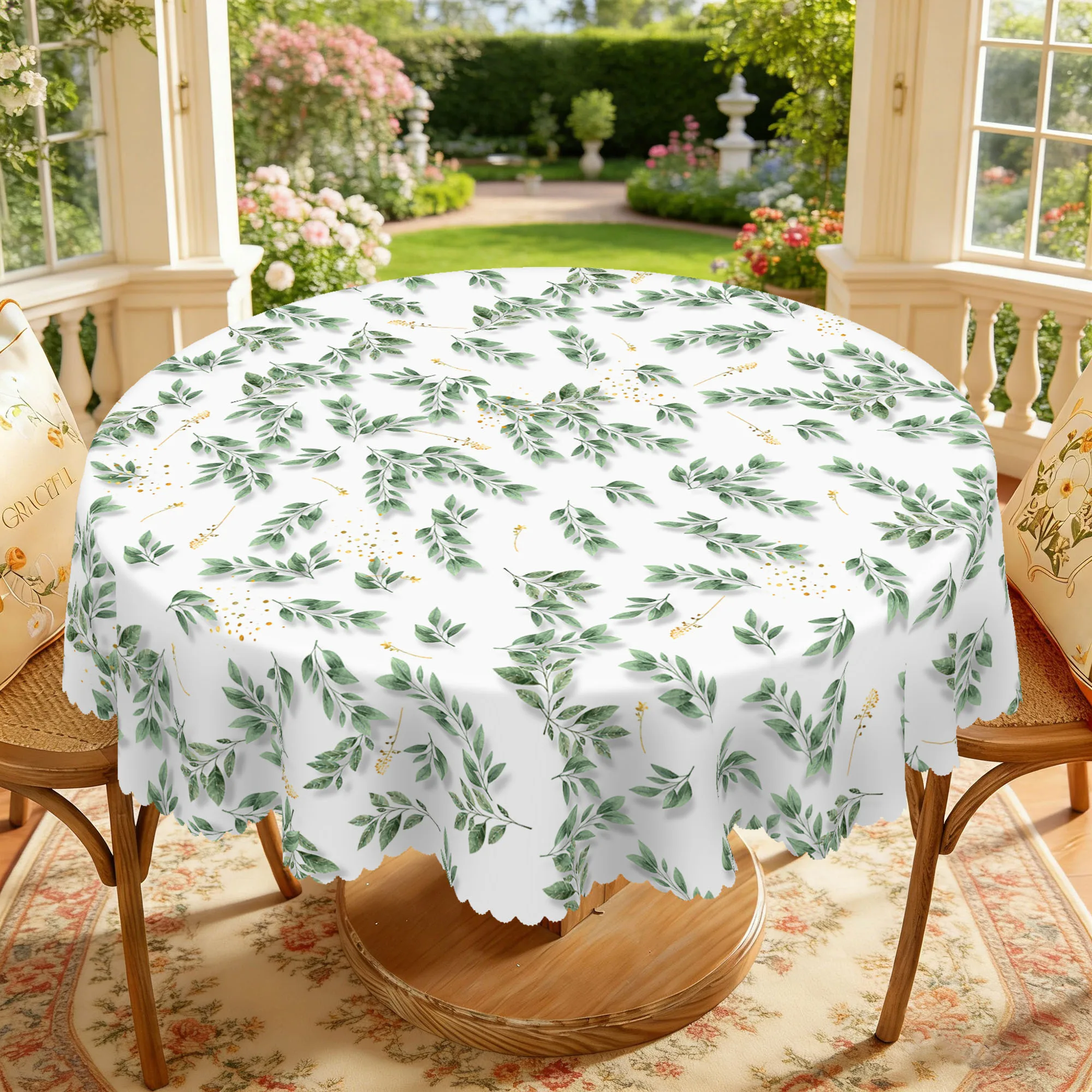 1 Piece of Spring-Themed Green Leaf Round and Rectangular Tablecloth, Available in 5 Sizes, Featuring Fresh Watercolor Green Leaves as the Core Element, with Printed Floral Clusters and Fine Gold Foil Texture, Embossed Edges, and an Elegant Ambiance. Suitable for Everyday Use in the Home Living Room, Dining Room, Leisure Tea Table, Spring Atmosphere Decoration, and as a Four-Season Decorative Gift