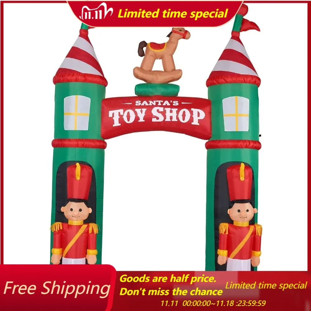 10-Ft. Tall Santa's Shop Archway with Toy Soldiers and Rocking Horse, Blow Up Inflatable with Lights and Storag