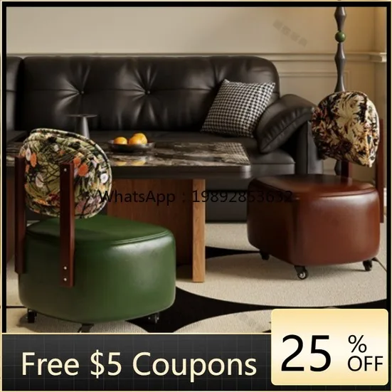 

LYY Chinese Style Small Low Stool with Universal Wheels, Backrest, Living Room Sofa Stool, Solid Wood Shoe Changing Stool,
