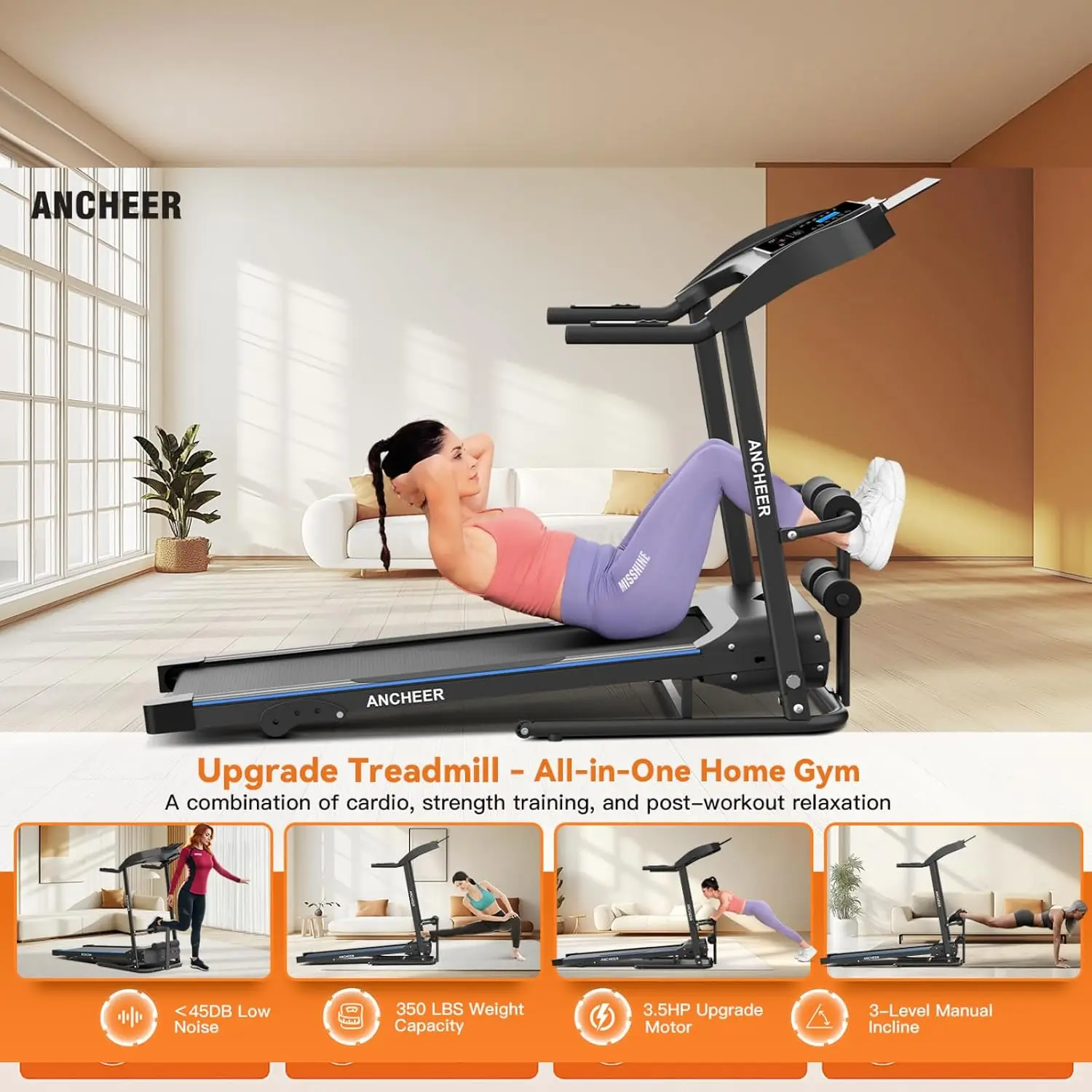 Smart Treadmill with Sit Up, Foldable Treadmills for Home with Incline, Custom
