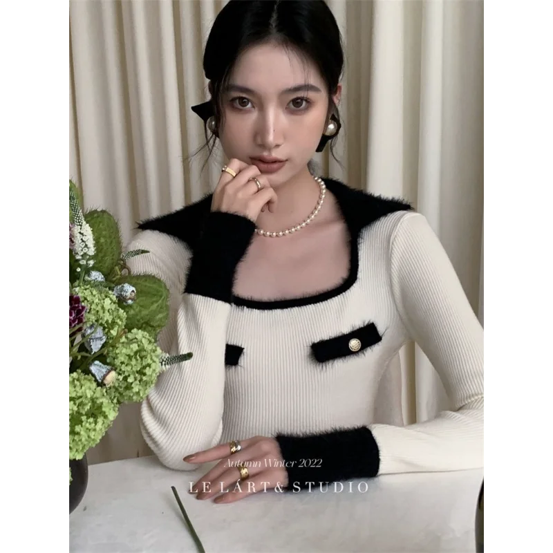 

Осень-зима 2022, новый ретро высококачественный цветной женский модный свитер с квадратным вырезом и французскими лацканами