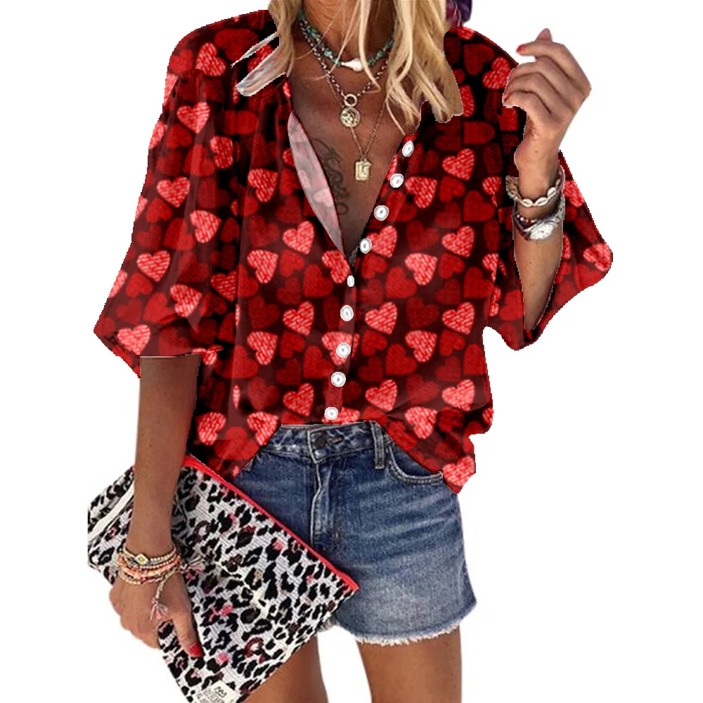 Wiosna Love Heart Shirt Women Summer Loose Graphic Tops Sweet Fashion Casual Large Size Blouse Cardigan Blusa Elegant Clothes