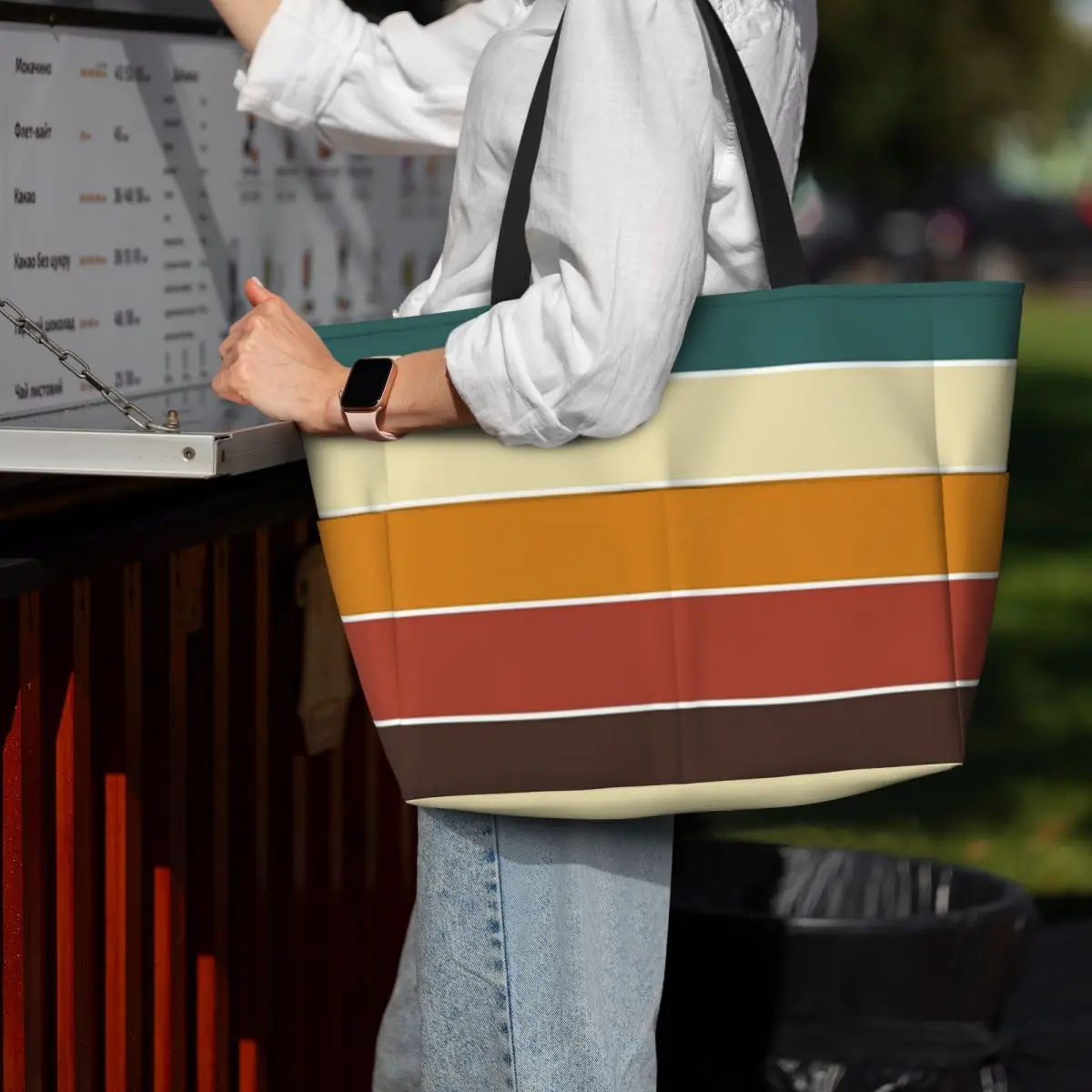 

Iconic 70s Nordic Vintage Retro Stripes In Fall Colors Beach Tote Bag Sport Gym Yoga Duffle Large Women Travel Bag Fitness bag