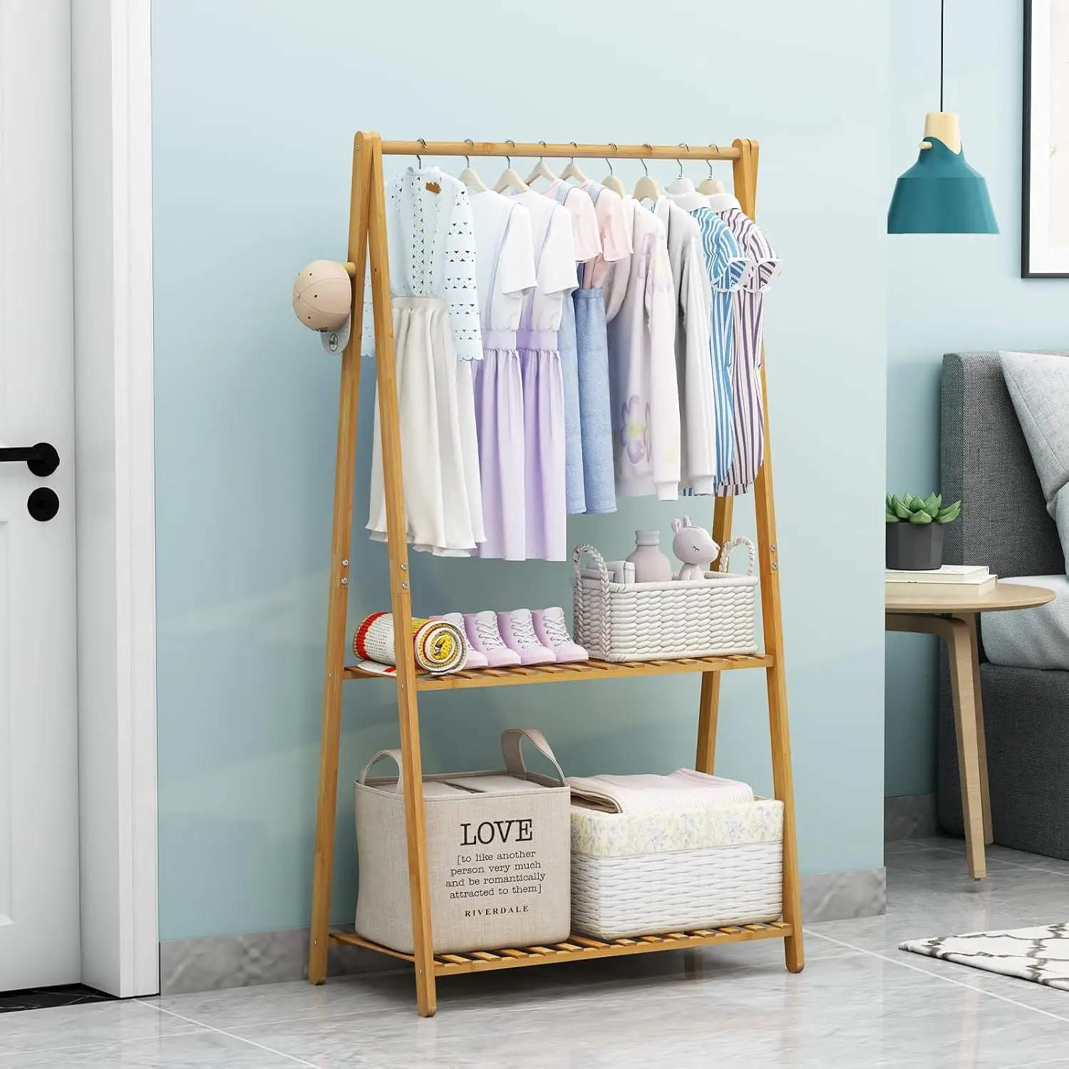 Portable Bamboo Kids Clothes Rack with Shelves, Movable Drying Organizer for Toddler Clothing Storage