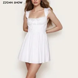 2024 Sexy White Spliced Lace Bow Square Collar Corset Style Sleeveless Slow Chest Mini Dress Women Hollow Out Back Backless Robe