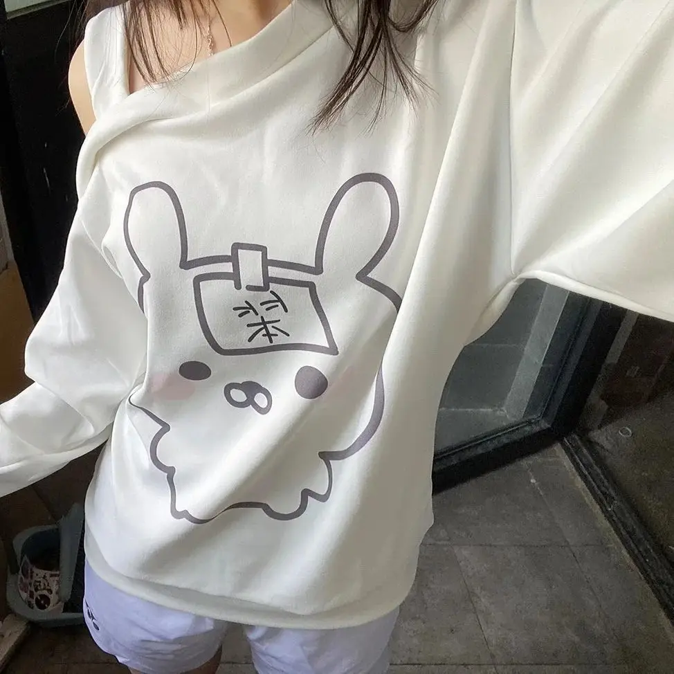 

Kimotimo Cute Printed Off Shoulder Long Sleeve Sweatshirt Women Japanese Y2k Loose Spicy Girls Chic Top Sweet Casual Pullover
