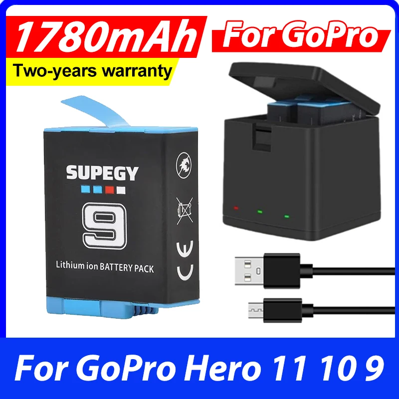 1780mAh Battery for GoPro 9 Li-ion Battery Hero 10 11 + LED Smart 3-Slots Charger for Go Pro Hero 9 Accessories