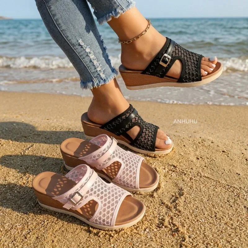 

Women Mesh Wedge Slide Sandals Open Toe Buckle Casual Summer Beach Mules Comfortable Lightweight Slip on Walking Shoes Soft