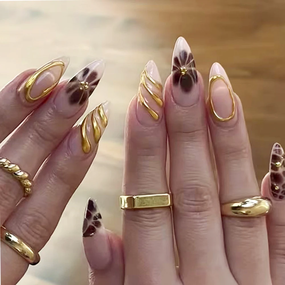 24pcs Luxury Gold Lines Leopard Flowers Fake Nails French Almond Nude Press On Nails with 3D Caviar Beads Wearable False Nailtip