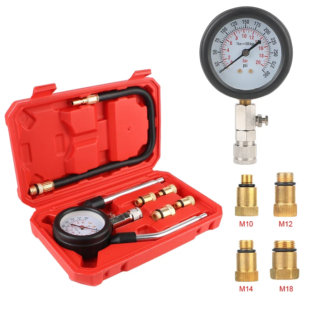 

Gasoline Engine Compression Meter Pressure Gauge 0-300 PSI with M10 M12 M14 M18 Adapter Automotive Cylinder Tester Kit