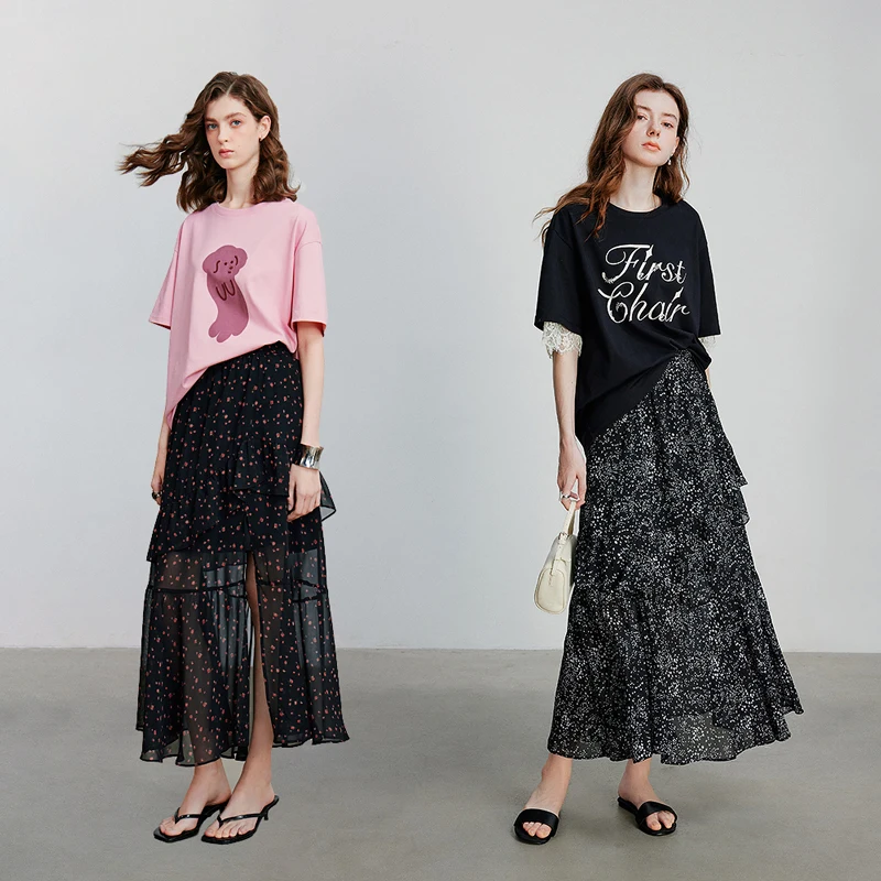 

TOYOUTH Women's Midi Skirt Summer 2025 High Waist Flowy Drape Gypsophila Floral Print Vintage Casual Elegant a Line Skirt