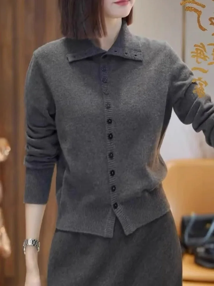 

Однотонный вязаный шерстяной свитер с воротником, длинный свек, повседневная удобная женская верхняя одежда Ele Simple High-End Feelings