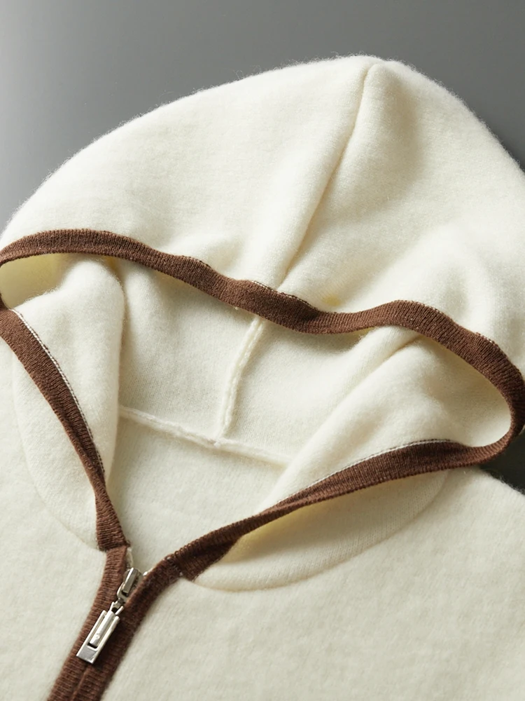 TLOML Men 100% Cashmere Sweater Color Blocking Hooded Zipper Cardigan Autumn Winter Soft Warm Casual Style Cashmere Knitwear Top