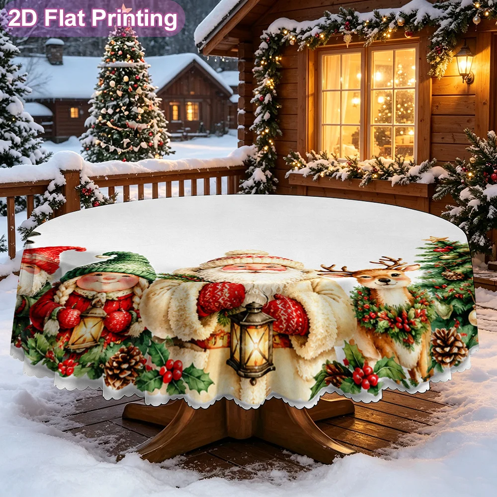 2D flat model 1 piece round tablecloth, Santa friends Christmas scene pattern - holiday family dinner