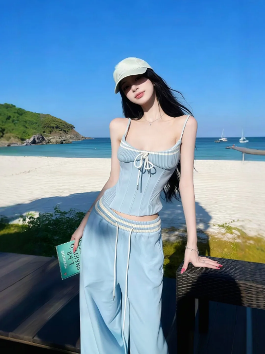 

Elegant Two-Piece Set Casual Pants Strap Top Summer Fashion Ensemble High Waist Cotton Blend Comfortable Mid-Summer Outfit