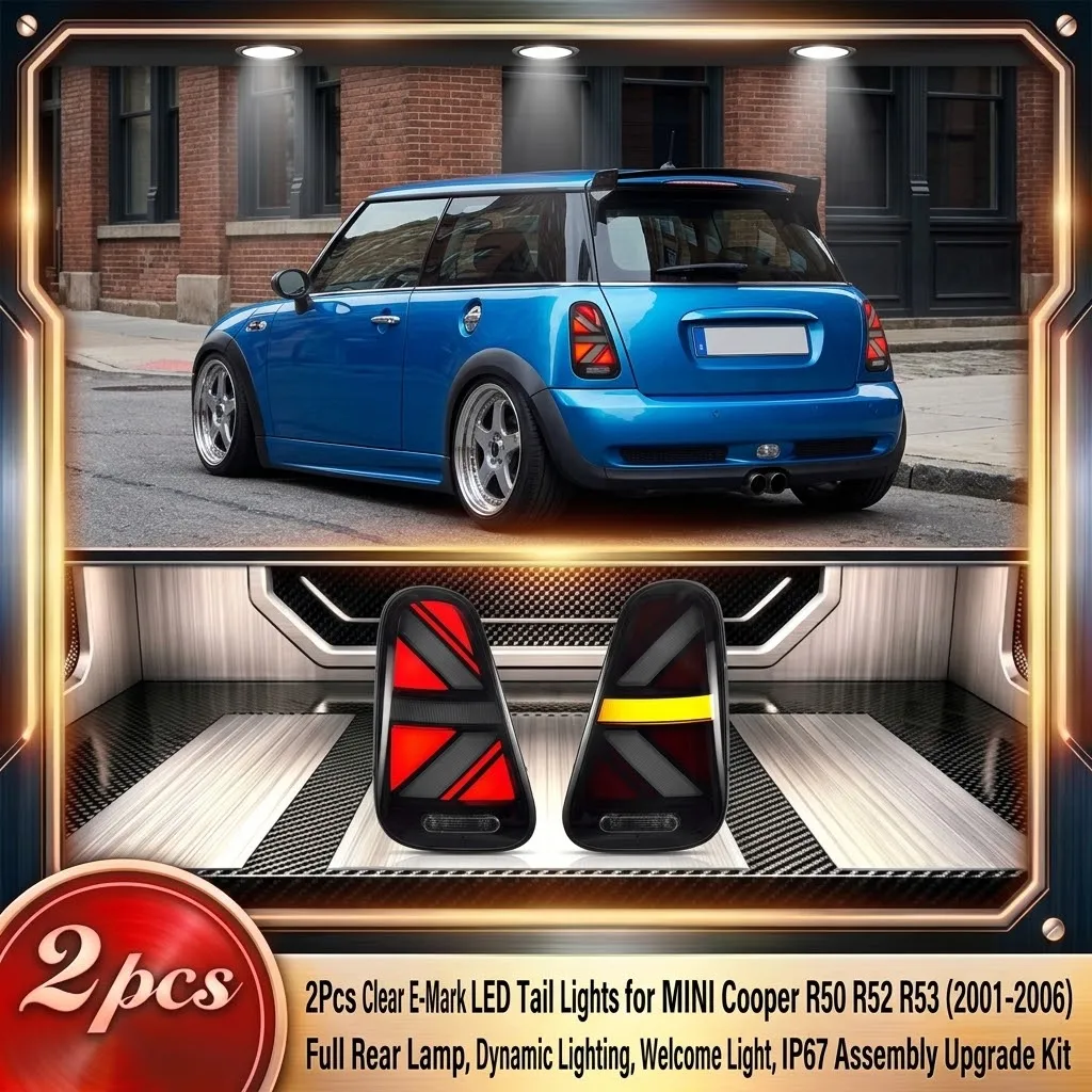 2 Stück getönte, transparente, dynamische LED-Rückleuchten mit Willkommensbeleuchtung für MINI Cooper 1. Generation R50 R52 R53 2001-2006 R-Serie, komplette Heckleuchten mit sequenzieller
