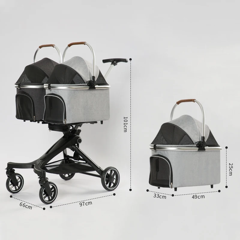 twin pet cart one-click folding durable luxury 4-wheel pet cart 30kg pet cart