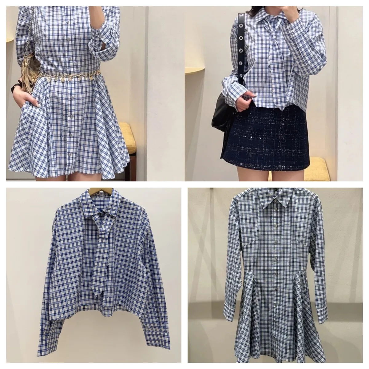 

Women Plaid Long Sleeve Shirt Set Turn-Down Collar Single Breasted Tie Collar Blouse + Dress 2026 Early Spring
