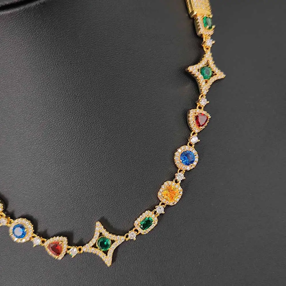 Hip Hop Jewelry Women Colored Zircon Iced Out Necklace Green/Blue/Red/yellow Crystal Gemstone Link Chain Necklace 18kGold Plated