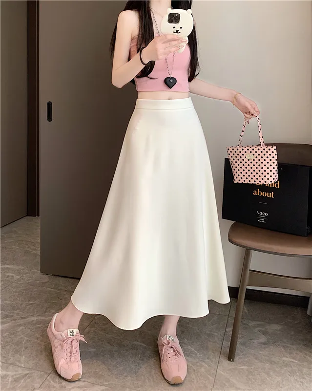 

Casual High Waist loose sweet A-line Long Skirts Korean Fashion Streetwear Basics Summer Plus Size Clothing
