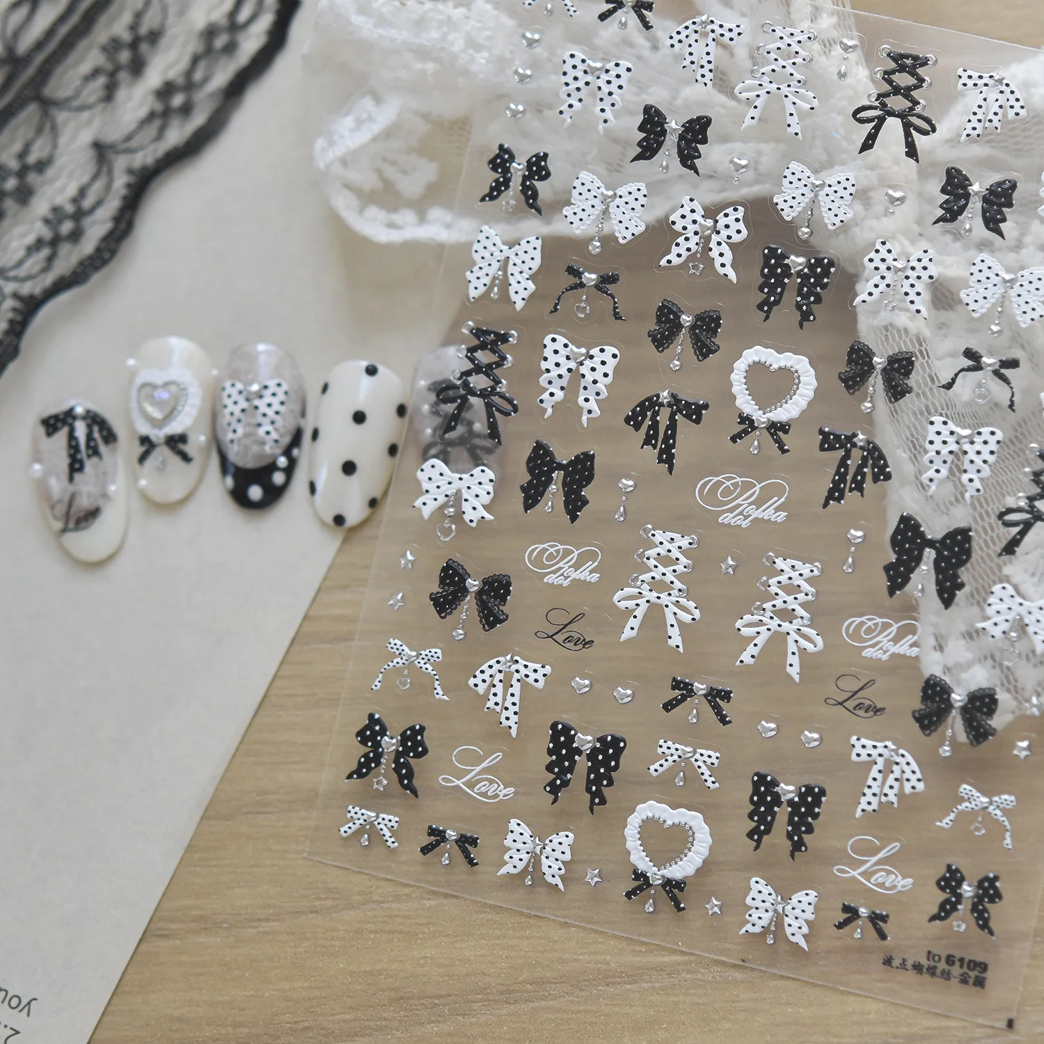 Y2K Sweet Ballet 5D Nail Stickers Black White Polka Dot Ribbon Bow‑knot Dolka Love Self‑Adhesive Nail Decal DIY Nail Decoration