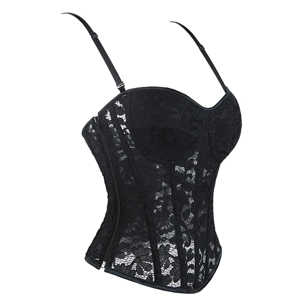 Wechery Damen Spitzenkorsett-Oberteil mit Reißverschluss vorne, Bustier, Taillenformer, Schnürung hinten, sexy Dessous, Y2K Gothic Camisole Tanktops – Detail 3