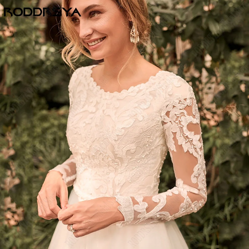 RODDRSY-Robe de mariée à manches longues, tenue de grande taille, col rond, coupe trapèze, pour les patients, quelle que soit la dentelle appliquée, 2024Roddrsy robe de mariée à manches longues 2024 mariée o - neck a -