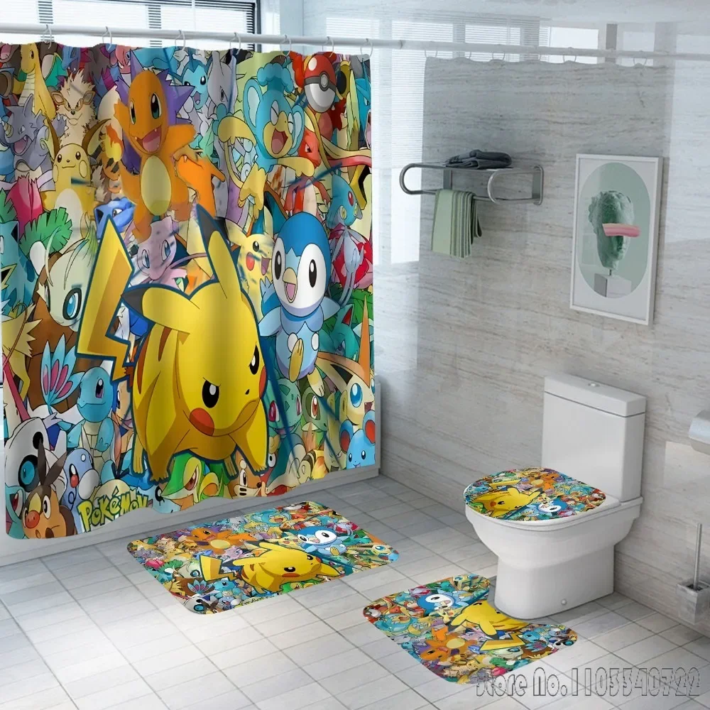 2026-anime-charmander-pokemon-pikachu-shower-curtain-set-4pcs-waterproof-bathroom-drapes-anti-slip-rug-toilet-lid-cover-bath-mat