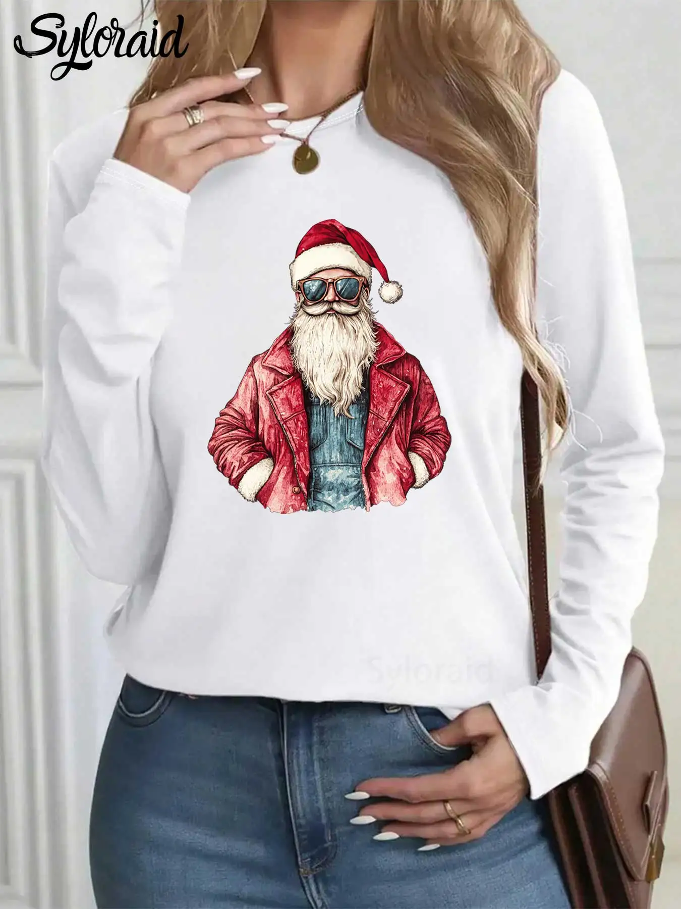 تي شيرت نسائي بأكمام طويلة مطبوع عليه سانتا كلوز لعيد الميلاد، تي شيرت كاجوال برقبة دائرية #1