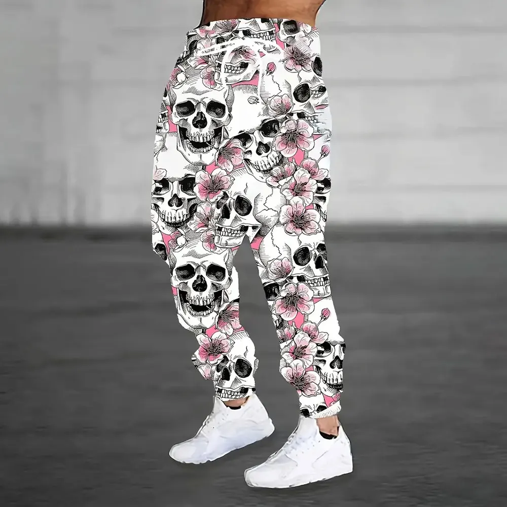 Men's Loose Pocket Drawstring Sports Sweatpants Winter New Thick Thermal Sweatpants Fashion Skull And Floral Print Sweatpants