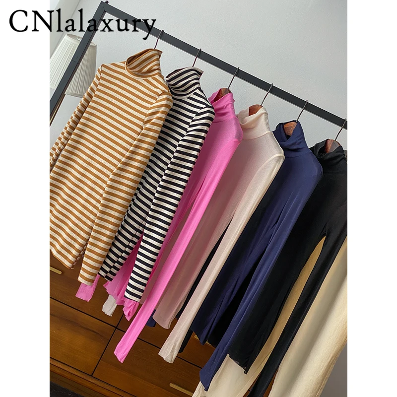 CNlalaxury Woman Basic Turtleneck Long Sleeves Slim Bottoming Shirt Casual Solid Long Sleeves Thin Base Layer Shirts Pullover