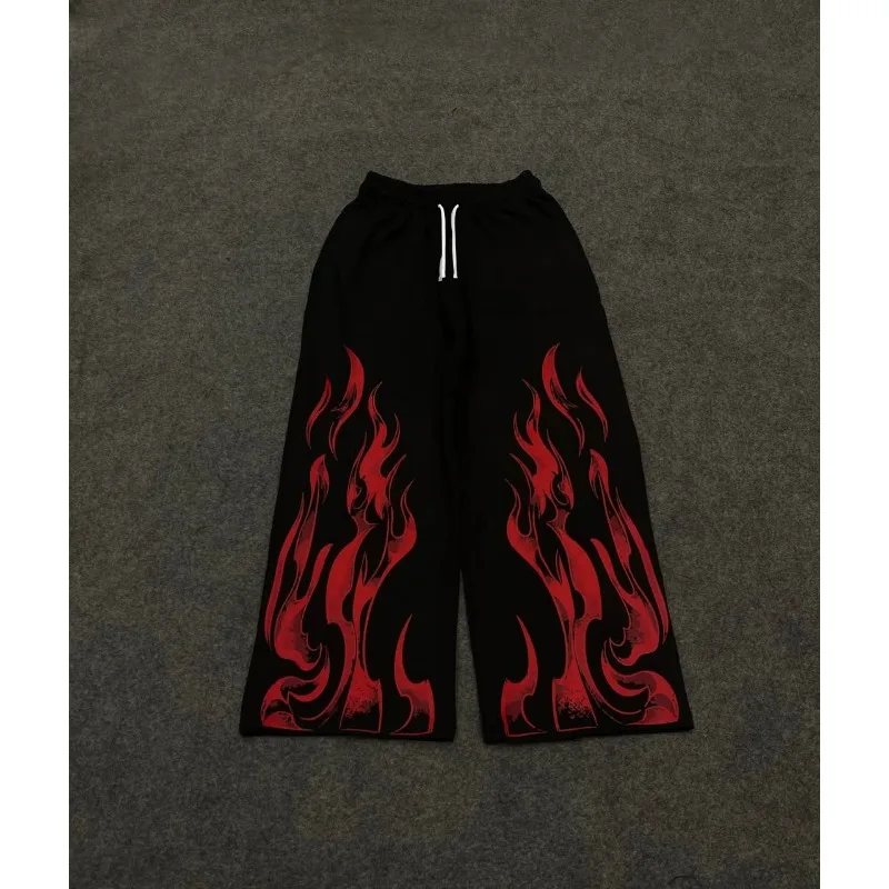 Men Women Y2K Hip Hop Trousers 3D Fire Pattern Print Quick Dry Straight Pants Elastic Waist Black Loose Daily Streetwear Pants